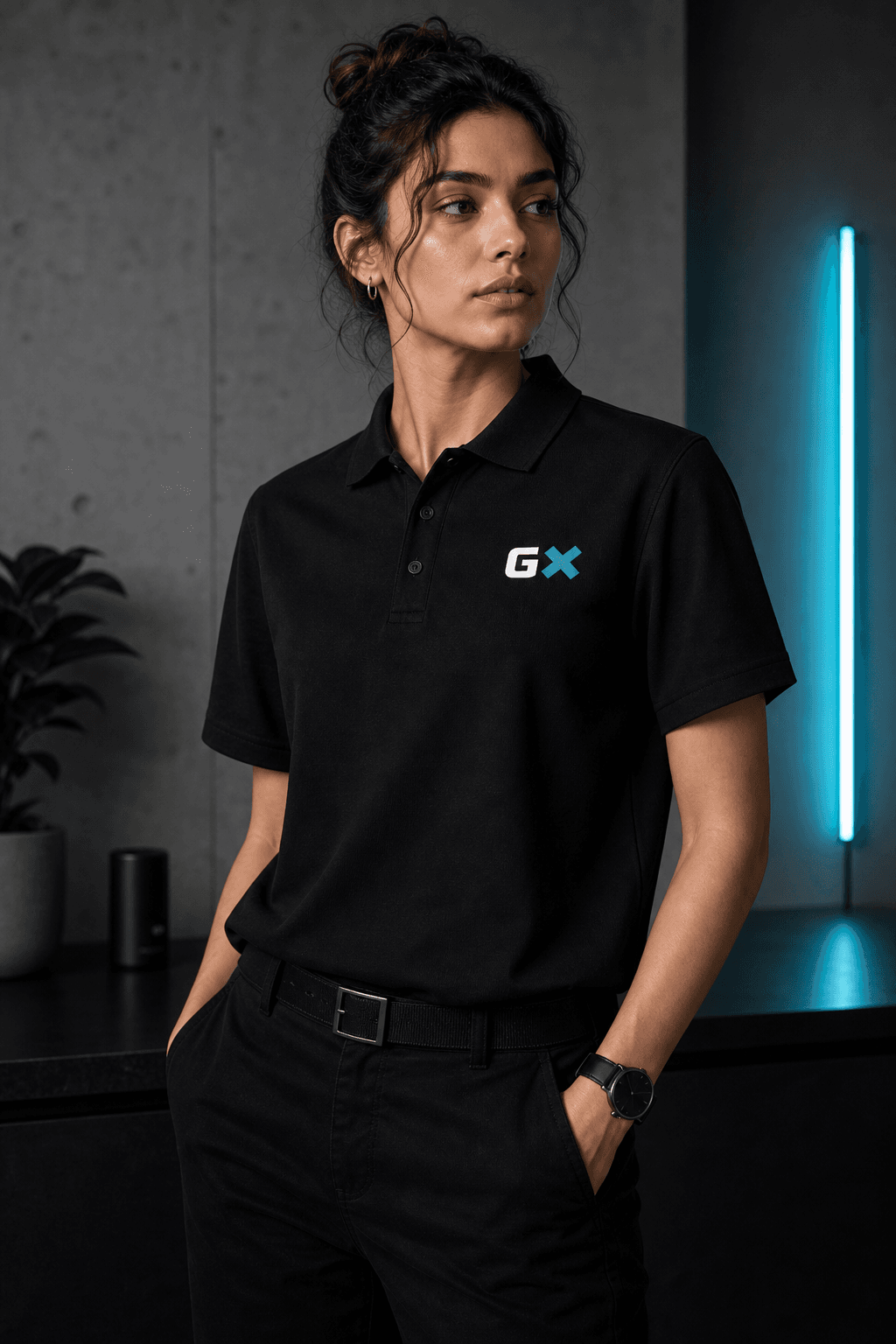 Female model wearing a GeekX black polo tee with the GX chest logo
